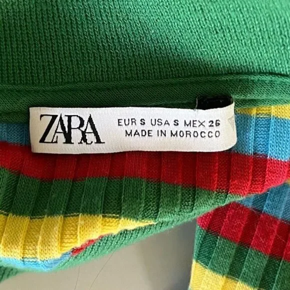 Zara Women's Size S Colorful Striped Ribbed Collard Pullover Short Sleeve Top - Picture 5 of 11